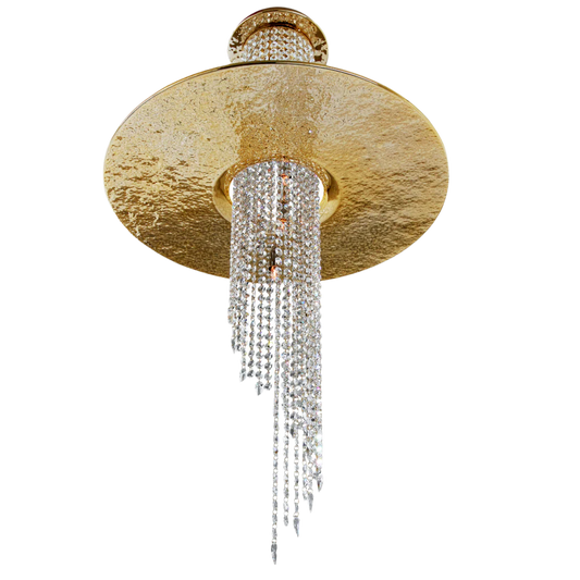 luxurious sophisticated dynamic ceiling lamp chandelier gold Swarovski crystals delicately hammered gold plated brass